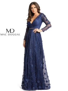 Mac Duggal Navy Blue Embellished V-Neck Evening Gown